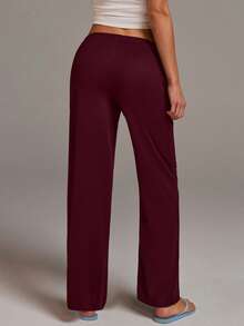 Athîral 女士带口袋抽绳腰阔腿宽松休闲裤 - 酒紅色 - 查看 5