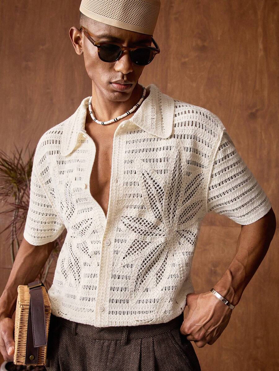 AKNOTIC Business Casual 男士鉤編棕櫚樹針織上衣，淺米色，夏季休閒度假風，寬鬆短袖網眼蕾絲鏤空針織度假海灘上衣
