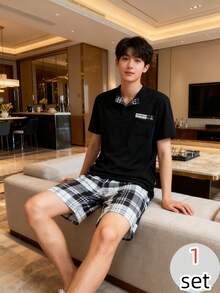 Bộ đồ ngủ tuổi teen, áo tay ngắn màu đen có 3 nút đen và túi, quần short kẻ caro, thiết kế tối giản tạo vẻ ngoài thời trang và năng động, chất liệu vải co giãn và dệt kim, có thể giặt máy, vừa vặn thoải mái và dễ bảo quản. - màu đen - Xem 9