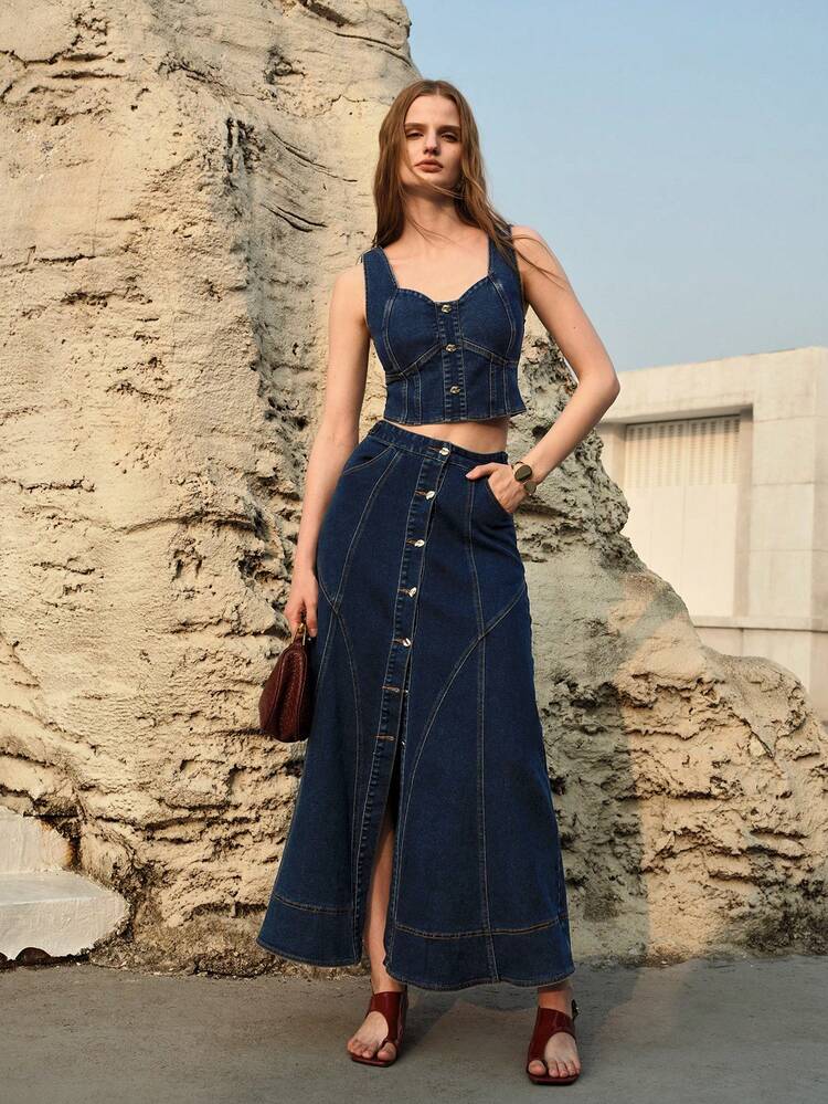 SINGLE BREASTED PLACKET SLANT POCKET DENIM SKIRT