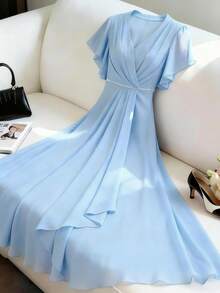 Franclia Blue Chiffon V-Neck Cap Sleeve Pearl Waist Pleated Dress / Elegant Long Dress With Graceful Design - Baby Blue - View 1