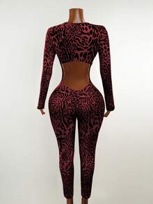 Mistrie Autumn New Vintage Casual Leopard Print Sexy V-Neck Fitted Long Sleeve Jumpsuit For Women Zebra Print Outfit Women Zoo Outfits Women - Burgundy - View 2