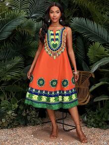 SHEIN Lady Petite Lady Petite Women's Floral Print Sleeveless Casual Midi Dress,Orange Summer Boho Tropical Vacation Holiday Beach Outfits Elegant Spring Summer Clothes - Multicolor - View 6