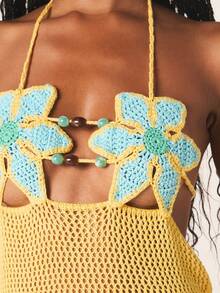 MISSGUIDED Crochet Maxi Beach Golf Cover Up Dress With Floral Bust Detail And Beaded Trims Mesh Knit Summer Poolside Vacation Resort White Sexy - Yellow - View 4