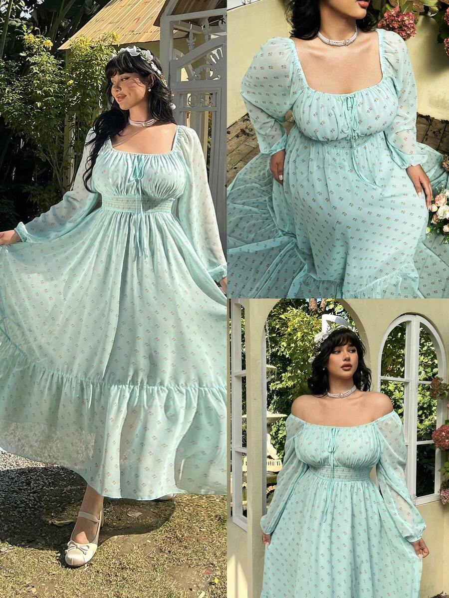 Lyrianda Robe longue à manches longues, à l'épaule dénudée, en mousseline de soie à fleurs, pour femmes grandes tailles - Multicolore - Voir 1