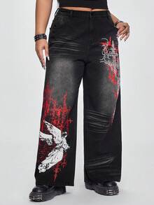 ROMWE Grunge Punk Quần jeans ống rộng dáng suông thoải mái, họa tiết chéo, có túi, dành cho nữ cỡ lớn. - màu đen - Xem 4