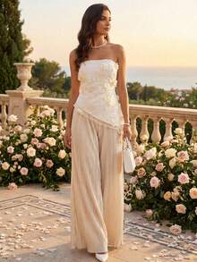 Amorya Bộ đồ nữ thanh lịch mới gồm áo quây và quần ống rộng xếp ly, thích hợp cho buổi hẹn hò ngày Valentine. - Màu be - Xem 4