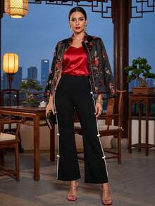 Amorya Women's New Elegant High-End Cinched Waist Black Contrast Button Versatile Designed Pants Valentine's Day Summer Spring Outfit Women Summer Clothes Black Flare Pants Bow Pants Bell Bottom Pants Women's Pants Fashion Pants Black Pants - Black and White - View 2