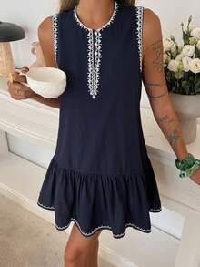 DAZY 女士夏季刺绣无袖波西米亚风休闲短裙 - 藏蓝色 - 查看 3