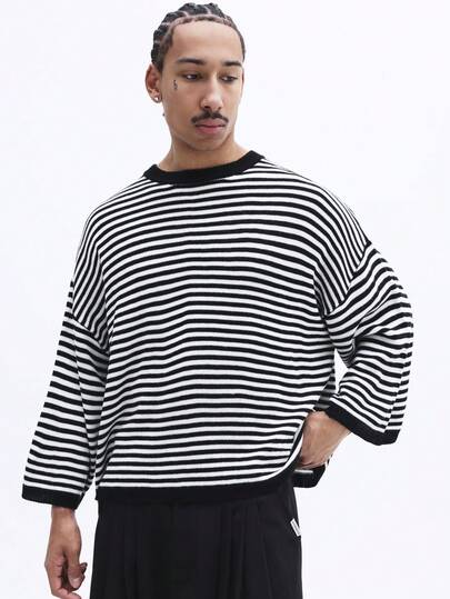 SUMWON Oversized Long Sleeve Striped Knit Sweater Crew Neck Casual Pullover Winter Fall Fashion Horizontal Black White Ribbed