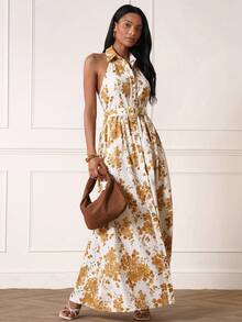 Lilora 女士优雅无袖棉质连衣裙 - 棕色 - 查看 3