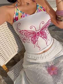Glimmora Y2K Summer Vacation Halter Neck Butterfly Print Top, 2 In 1 Backless Top, Simple Vacation Style, Fresh Floral Print, Suitable For Parties, Dates, Beaches, Carnivals, And Other Occasions, Perfect For Summer Wear. Pink Beach Top, 2 In 1 Beachwear, Women's Beach Top, Pink Floral Print Beachwear, Versatile Beach Top. - Multicolor - View 6