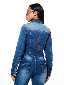BABYPHAT Embroidered Denim Cropped Fitted Button Front Lapel Collar Long Sleeve Jacket With Chest Pockets Classic Outerwear - Blue - View 2