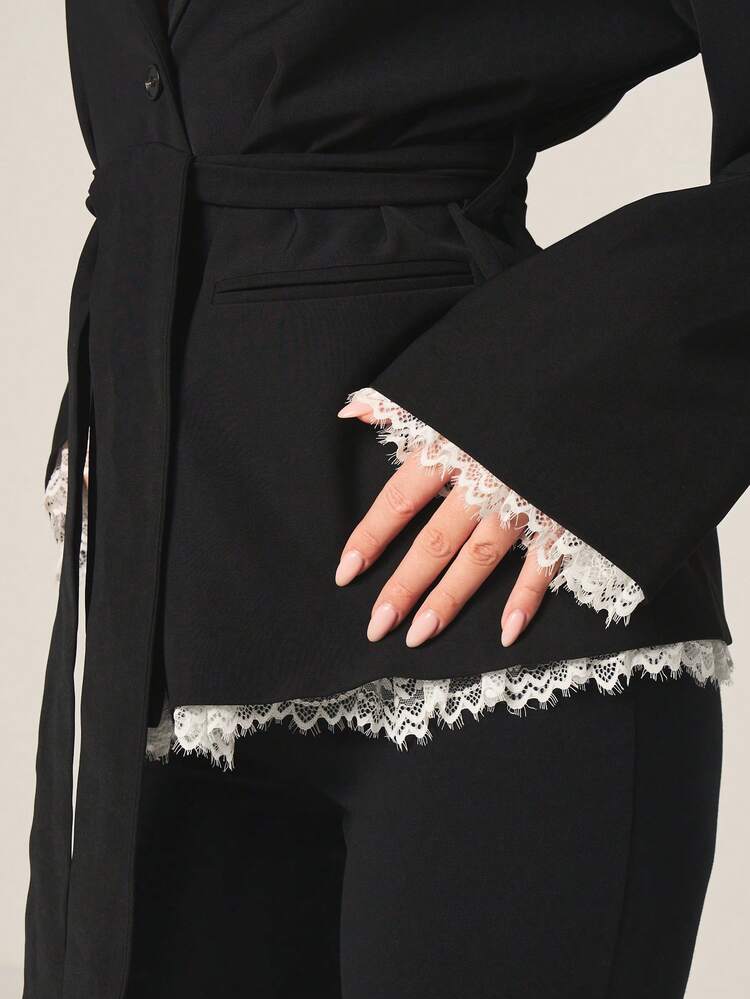 MISSGUIDED Contrast Lace Hem Double Breasted Blazer With Belt Professional Office Wear Formal Business Jacket Fall Winter Outerwear