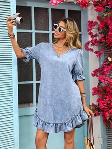 Vivid Eden Women's V-Neck Ruched Casual Vacation Date Denim Dress Zanzea Dress For Women Ladies Dresses Ruffle Hem Dress Casual Dress Summer Dress Festival Outfits For Women Mother's Day Dress Beach Dress Casual Dresses For Women  Dresses For Holiday Women's Country Clothing Ruffle Dress Blue Dresses - Light Wash - View 5