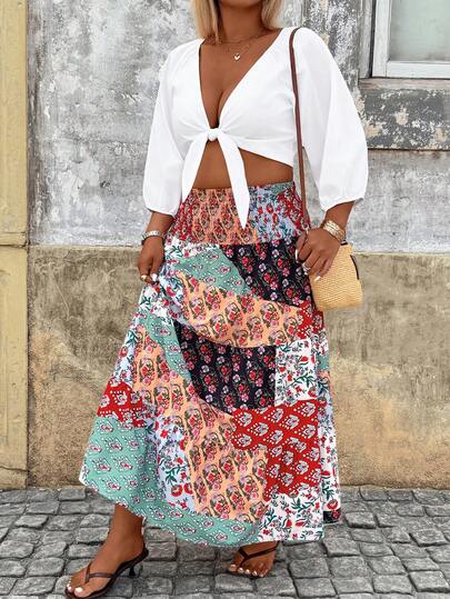 Breezaya Plus Size Summer Vacation Colorblock Ditsy Floral Elastic Waist Skirt