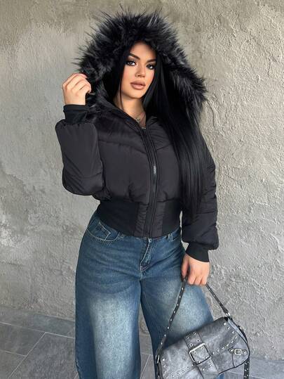 Dayanna Comas معطف مبطن أساسي بقبعة من القطيفة للنساء في الشتاء