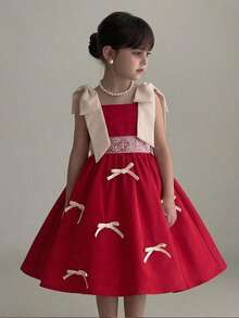SHEIN Vestido de niña con contraste de color y lazo tejido - Blanco - Ver 2