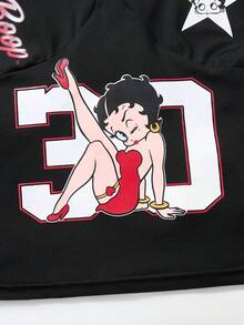 Betty Boop x SHEIN 女士性感时尚街头运动卡通人物和数字字母印花撞色条纹侧开背吊带上衣，夏季 - 黑色 - 查看 4