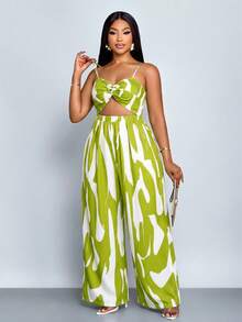 SOLERSUN Women's Plus Size Elegant Casual Sleeveless Black And White Printed Twisted Wide Leg Jumpsuit With Spaghetti Strap, Versatile Twisted Jumpsuit For Spring, Summer, Fall And Winter Wear - Green - View 5