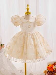SHEIN Glamorique Kids 女童碎花腰部蓬蓬薄纱连衣裙，优雅派对礼服，泡泡袖设计，适合所有季节 - 杏色 - 查看 7