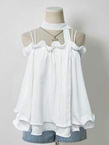 Resyla Camiseta sin mangas de unicolor con volantes en el bajo, con cintura anudada, adecuada para usar de vacaciones - Blanco - Ver 4