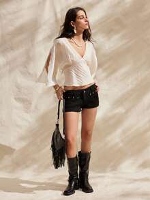 Easelle Summer Vacation Clothing Is Elegant And Romantic Bohemian V-Neck Cinched Waist Embroidered Split Sleeve Comfortable Breathable Women Blouse - Apricot - View 5