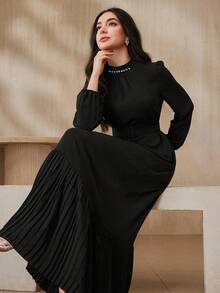 Graceveil Women's Elegant Crystal Decor Lantern Sleeve Dress,Autumn Black And Silver Rhinestone Mock Neck Cinched Waist Black Dress For Dining Blouses Tops - Black - View 7