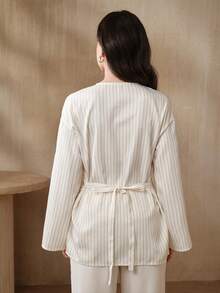 Graceveil 女士优雅通勤条纹前开襟长袖衬衫，秋季款 - 杏色 - 查看 6