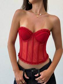 Aloruh Áo croptop quây màu trơn có bèo nhún dành cho nữ, thời trang và gợi cảm cho ngày Valentine, đi biển, du lịch, phong cách Y2K màu đỏ, áo dành cho nữ sinh đi học, dự tiệc. - Đỏ - Xem 4