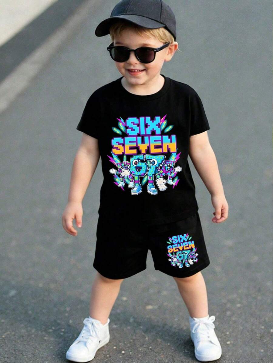 SHEIN Explorewe Young BoyBasic Short Sleeve T-Shirt + Black Shorts Set - Multi-Color - Black - View 1