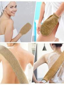 2 件套成人深层清洁去角质黄麻手套和背部磨砂刷，带长绑带，温和去除死皮，可重复使用，适用于淋浴、浴室、SPA 身体磨砂套装，居家 SPA 护理沐浴用品，自我护理礼品 - 彩色 - 查看 2