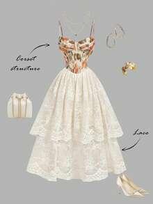SHEIN MOD Đầm nữ thanh lịch phối lưới thêu họa tiết, thắt eo, thích hợp cho mùa hè. - Nhiều màu - Xem 2