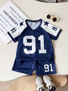 Playful Pals 2pcs/Set Toddler Boys' Summer Casual Retro Loose Sports V-Neck 91 Number Letter Print Color Block Short Sleeve Top & Elastic Waist Shorts Set,Soft - Royal Blue - View 3