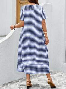 EMERY ROSE Plus Size Women Casual Plaid Print Short Sleeve Dress - Navy Blue - View 2