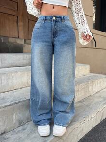 SHEIN PETITE Jeans minimalisti di colore unito da donna per uso quotidiano - Blu - Visualizzare 6