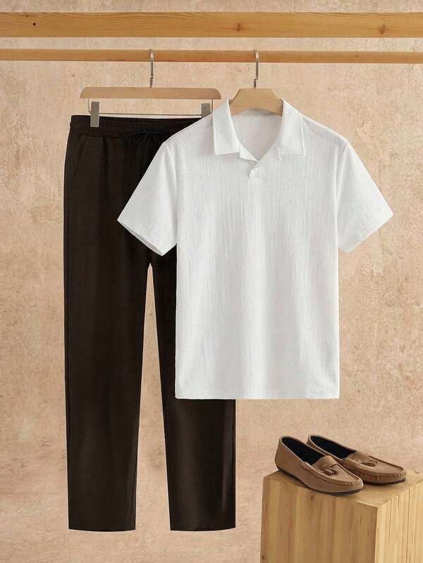 HIMLAND Men's Blue Button-Down Short Sleeve Shirt And White Side Pocket Casual Pants Set Men Casual Top And Bottom Set Men Navy Blue 2 Piece Set Men 2 Piece Set Linen Men Set Men Summer Pants Set