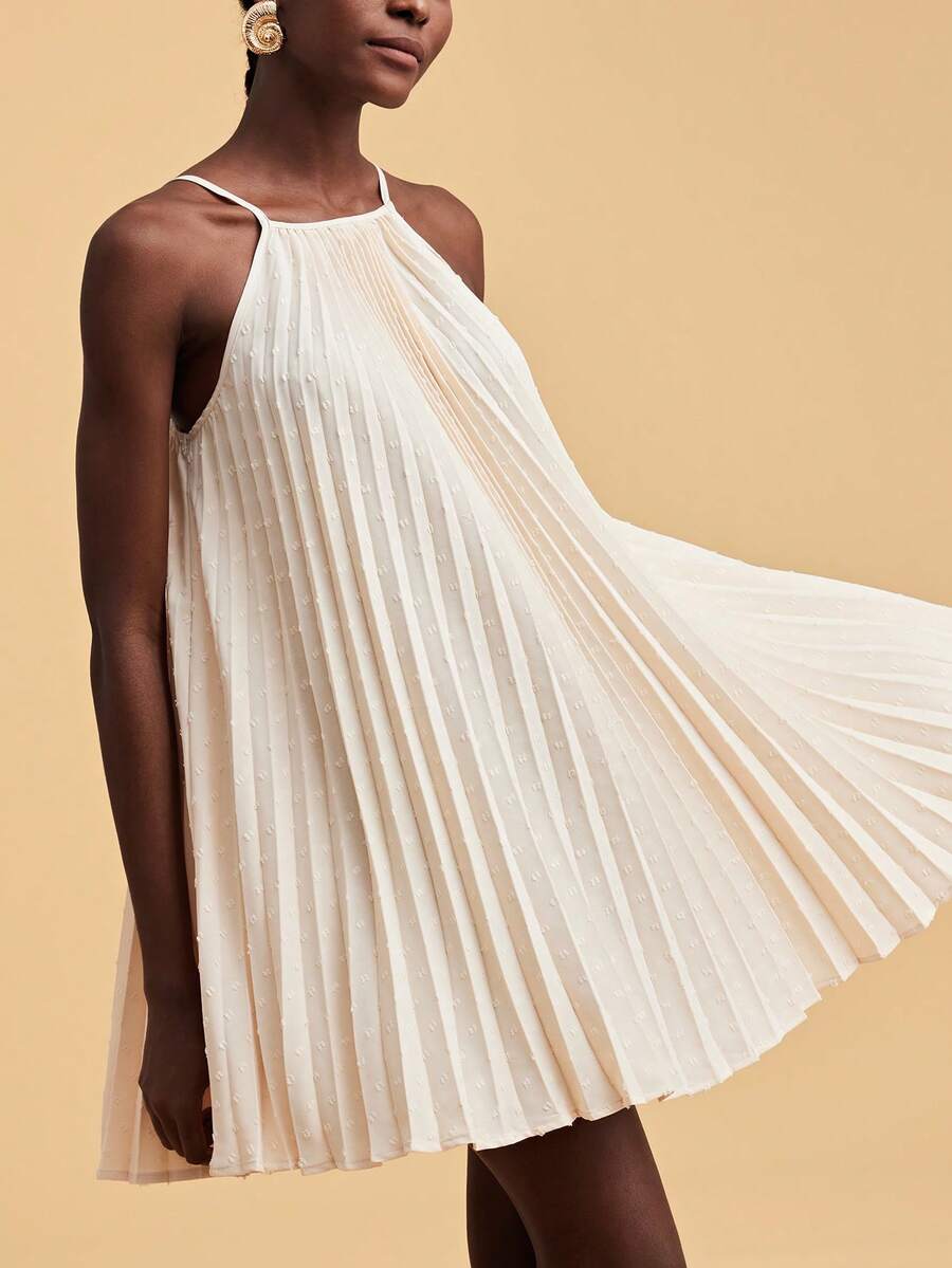 Travachic Elegant White Polka Dot Summer Mini Dress,Heavy-Duty Pleated A-Line Vacation Outfits For Women,Boho Chic Holiday Beach Sun Dress,Old Money Style - Apricot - View 1
