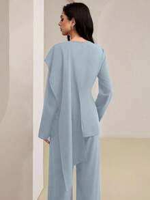 Veilorie Women's Elegant Elegant Casual Office Commute Solid Color 2 In 1 Loose Long Sleeve Shirt, Spring/Autumn - Blue - View 3