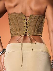 MISSGUIDED Lace Bandeau Corset Top With Intricate Panel Detail And Front Lace Up Closure For Evening Occasions - Khaki - View 2