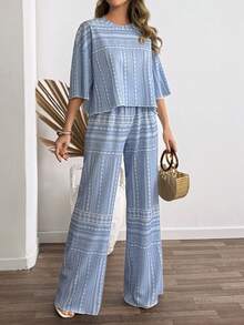 Cloudara Printed Two Pieces Set – Oversize T-Shirt And Elastic Waist Wide Leg Pants - Multicolor - View 3