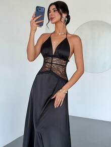 Firerie Đầm satin ren phối họa tiết đuôi cá dành cho nữ, thanh lịch, tinh tế, lãng mạn, trang nhã, tối giản, thích hợp đi làm hàng ngày, dự tiệc Valentine, đám cưới, lễ hội. - màu đen - Xem 5