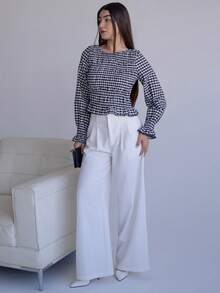 Andrea Bello 黑白格子褶皱设计修身长袖女式上衣 - 黑與白 - 查看 5
