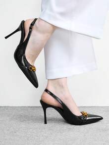 CUCCOO BIZCHIC 女士春夏金属扣装饰尖头细跟9厘米高跟鞋纯色通勤约会日常度假鞋 - 黑色油皮 - 查看 4