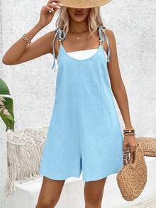 Breezaya Solid Color Washed Cotton Round Neck Beaded Jumpsuit Holiday Beach Vacation Holiday Light Blue Summer Boho - Baby Blue - View 6