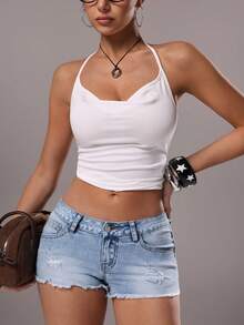 TRNVIE Shorts vaqueros de talle bajo con dobladillo desgastado y deshilachado, de estilo casual y sexy - Lavado ligero - Ver 5