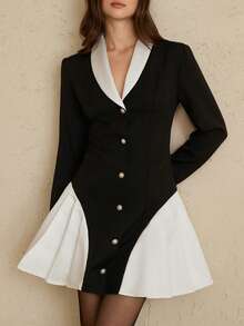 BELROSIE Abito blazer elegante e retrò in stile francese, con colletto Peter Pan, decorazione con bottoni di perle, vita svasata, vestibilità slim, manica lunga, lunghezza corta - Bianco e nero - Visualizzare 2