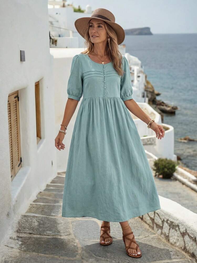 Women's Solid Color Simple Short Sleeve Long Dress, Casual Daily Wear Going Out Dress Modest Dress  Old Money Dress Homecoming Dress Vacation Dress  Casual Dresses For Woman  Fall Women Clothes Fall Clothes Autumn Clothes Teacher Outfits For Women Teacher Outfits For Women Teacher Outfits 100 Cotton Dresses Casual Long Dress Cottagecore Dress Smocked Women Dress Puff Sleeve Dress