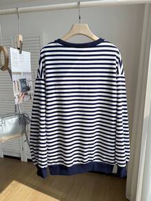 SHEIN EZwear 大码休闲藏蓝色条纹爱心刺绣卫衣，秋季款 - 藏蓝色 - 查看 2
