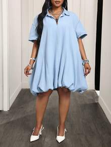 Slaydiva 夏季新款宽松牛仔休闲连衣裙，短袖 - 藍色 - 查看 4